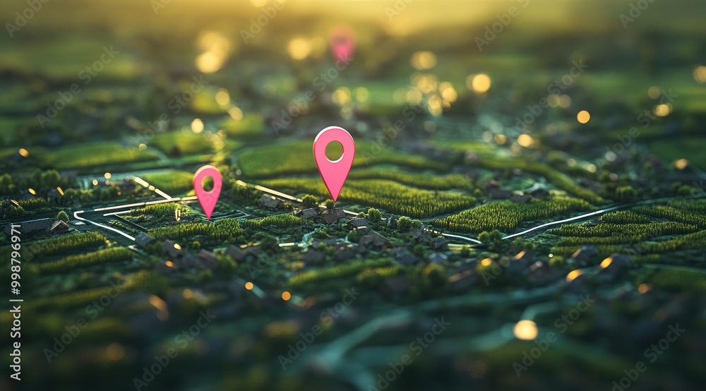Close-up of a 3D map with pink location markers, indicating different points of interest. Close-up of a 3D map with pink location markers, indicating different points of interest.