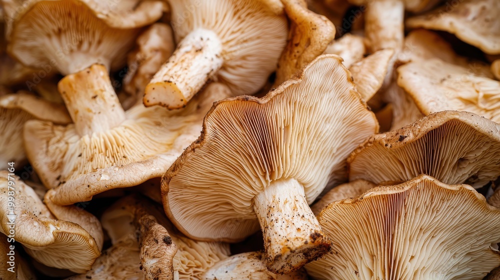 A macro shot of freshly picked wild mushrooms, like chanterelles and oyster mushrooms, showcasing their gills and earthy textures. Natural imperfections and dirt add to their foraged look A macro shot of freshly picked wild mushrooms, like chanterelles and oyster mushrooms, showcasing their gills and earthy textures. Natural imperfections and dirt add to their foraged look