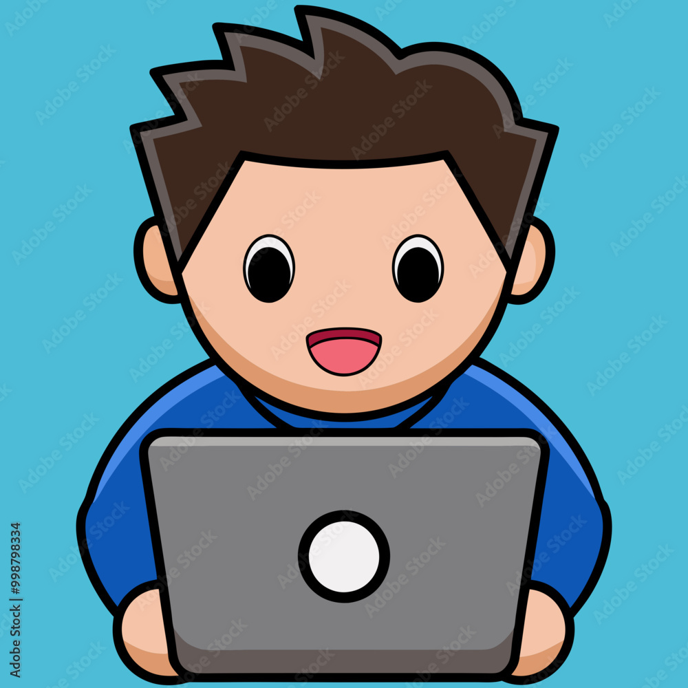 Happy cartoon boy using a laptop with a big smile against a vibrant blue background Happy cartoon boy using a laptop with a big smile against a vibrant blue background