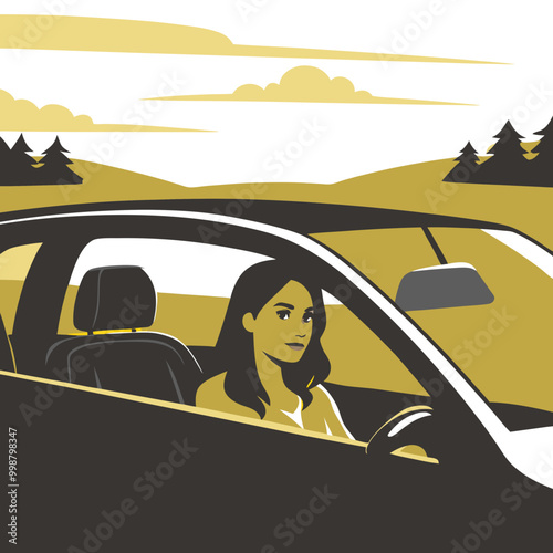 Young woman driving a car with a determined expression against a scenic yellow landscape