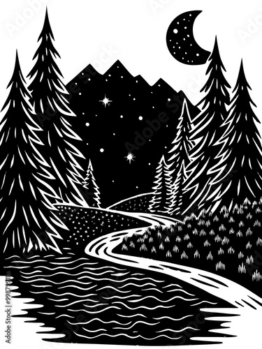Enchanting Nighttime Forest Scene with Crescent Moon and Stars