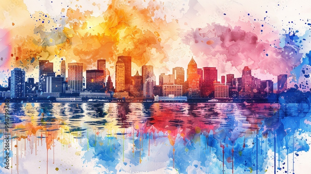 Obraz premium A vibrant watercolor skyline of a city, with reflections in the water beneath a colorful, abstract sky.