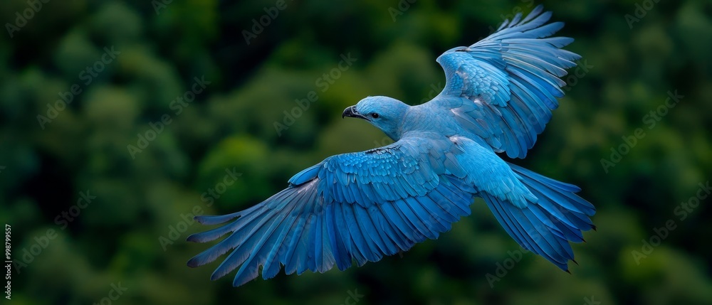A blue bird flies through the air against a backdrop of trees A blue bird flies through the air against a backdrop of trees