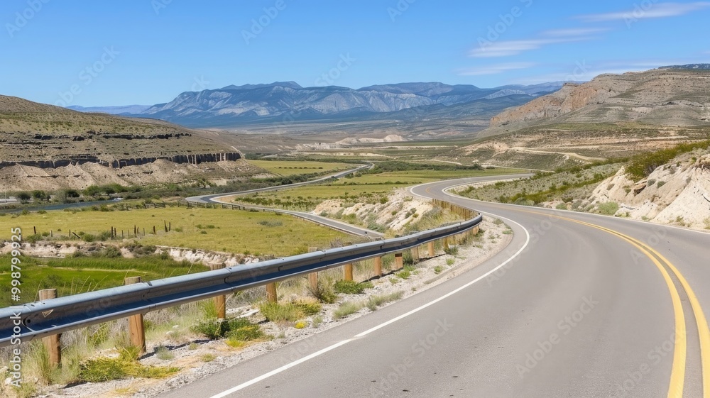 scenic view of winding road cutting through vast landscape, with mountains in background under clear blue sky. for concepts of travel, adventure, freedom scenic view of winding road cutting through vast landscape, with mountains in background under clear blue sky. for concepts of travel, adventure, freedom