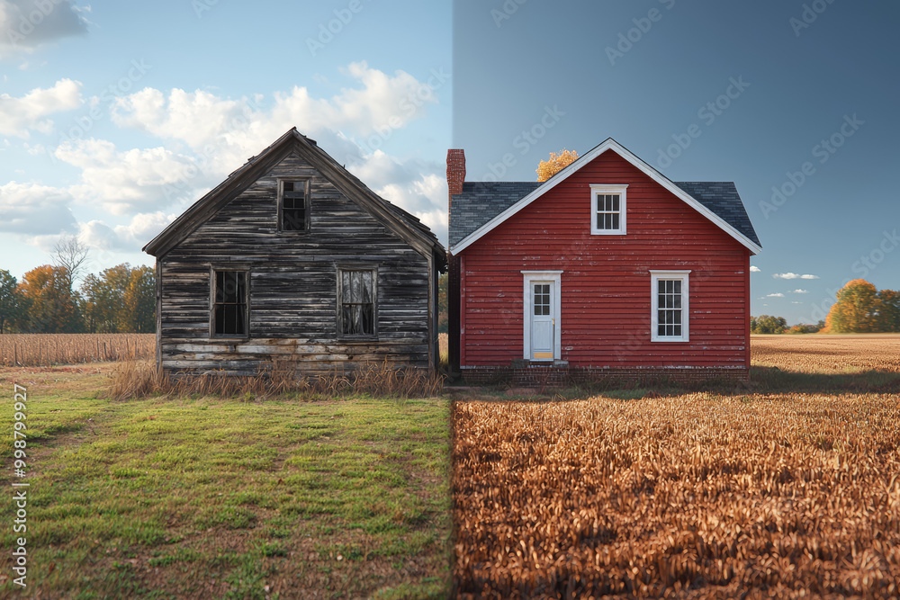 A split scene with half showing an old, dilapidated wooden house and the other side showing a newly renovated modern home, contrasting past and present. A split scene with half showing an old, dilapidated wooden house and the other side showing a newly renovated modern home, contrasting past and present.