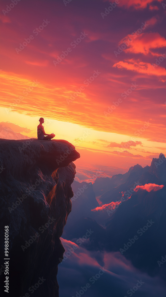 Solitary figure meditating on mountain cliff at sunrise Solitary figure meditating on mountain cliff at sunrise