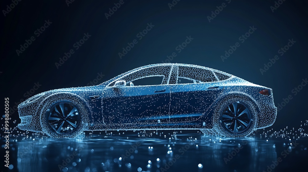 Naklejka premium Futuristic electric car concept with blue digital particles and futuristic lines on dark background.