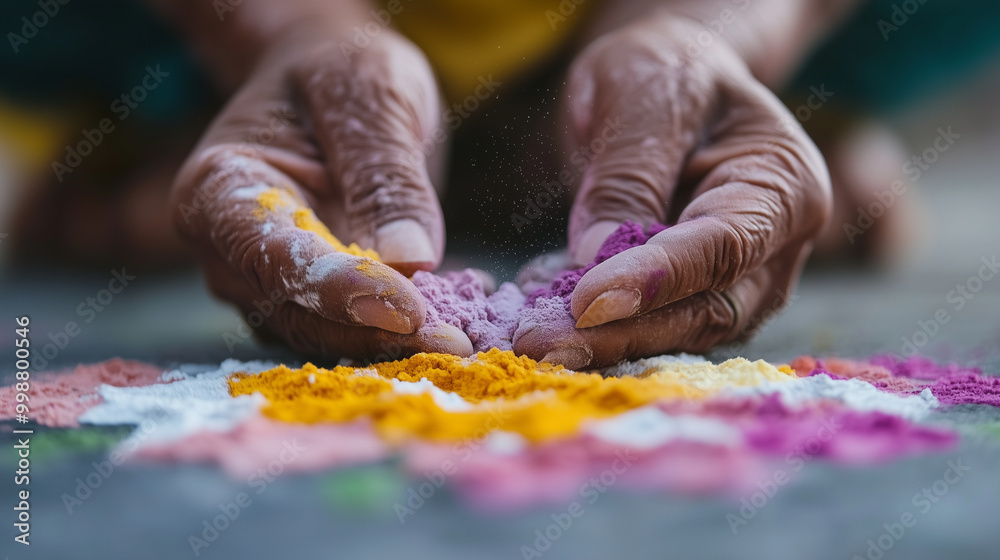 Close-up of hands sprinkling colored powder to create a floral rangoli design, focus on detail, artistic creation, Diwali, rangoli, craftsmanship, tradition Close-up of hands sprinkling colored powder to create a floral rangoli design, focus on detail, artistic creation, Diwali, rangoli, craftsmanship, tradition