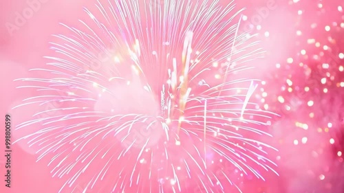 Mesmerizing pink fireworks display in a dreamy night sky filled with sparkling lights creating a festive and enchanting atmosphere perfect for celebrations and joyful events, 4k footage