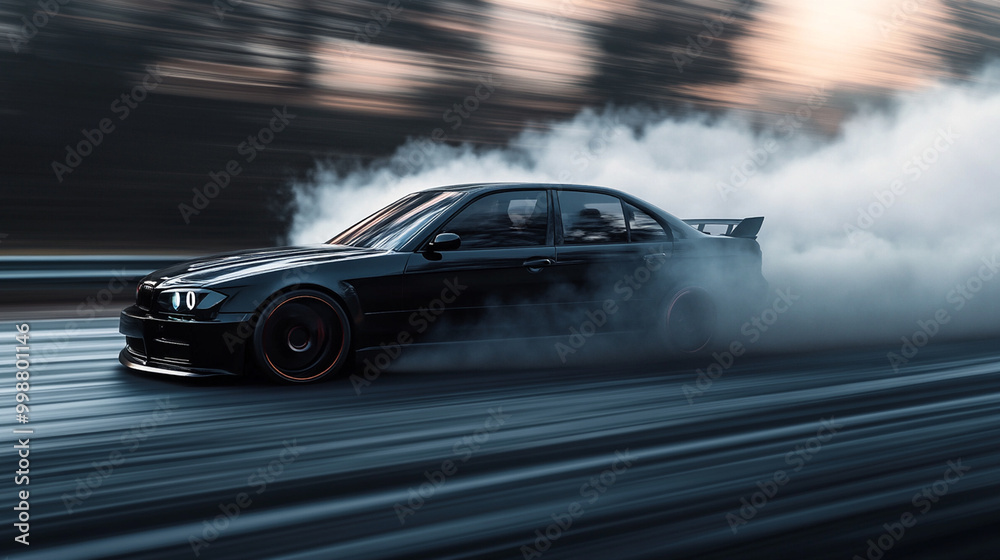 A sleek black sports car performs a drift on a race track, creating smoke and capturing the intensity of high-speed driving.
A sleek black sports car performs a drift on a race track, creating smoke and capturing the intensity of high-speed driving.