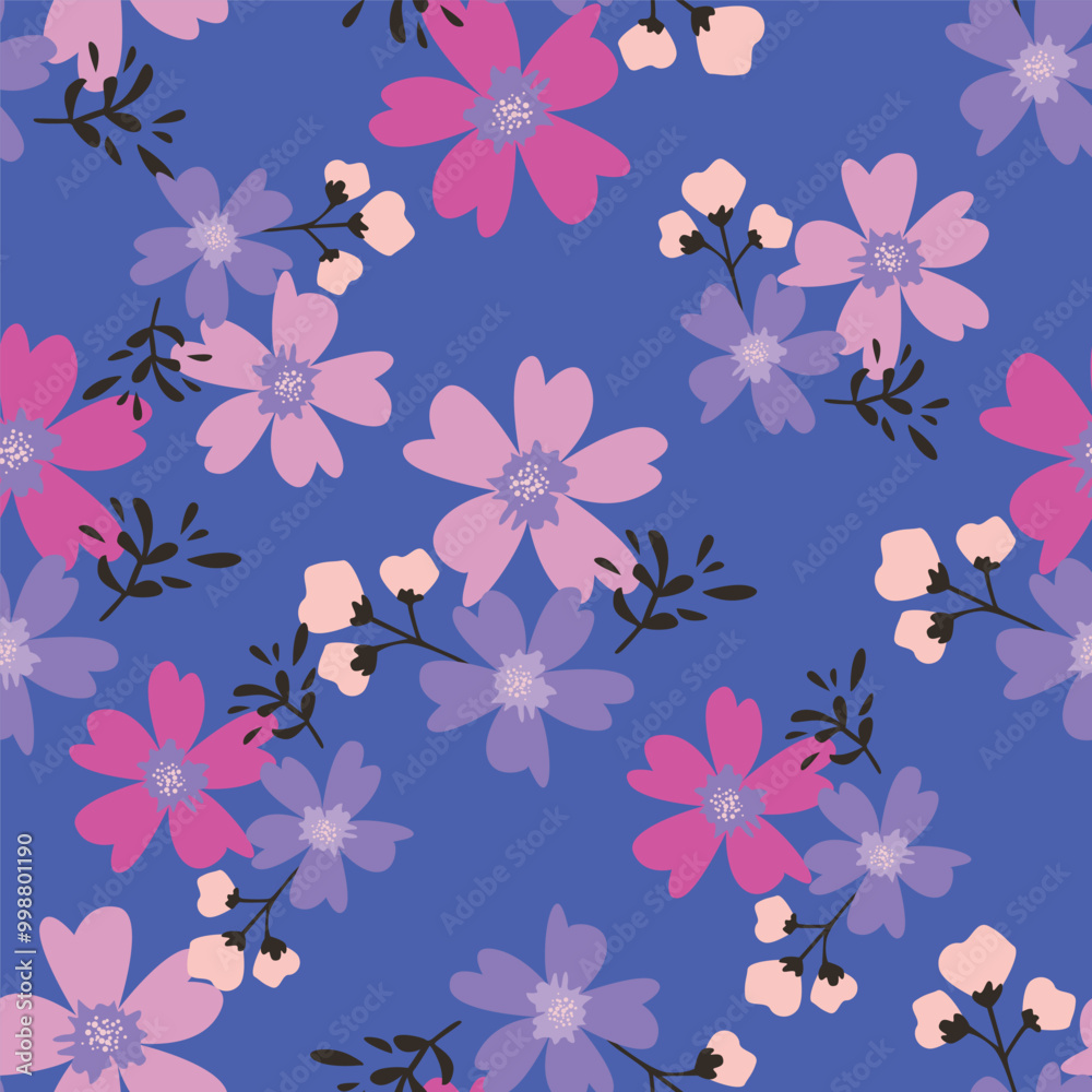 Fototapeta premium blue seamless vector stock flowers with leaves pattern on cream background