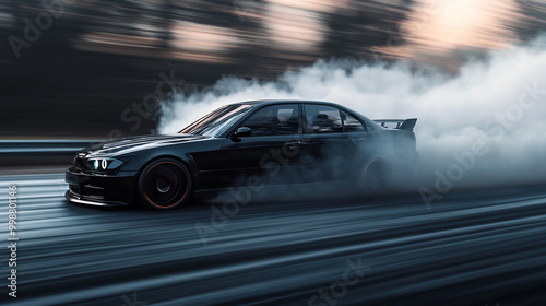 A sleek black sports car performs a drift on a race track, creating smoke and capturing the intensity of high-speed driving.
 photo