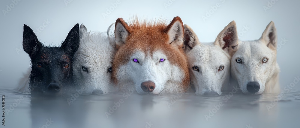 Four white and brown dogs stand together on a water's edge before a pristine backdrop Four white and brown dogs stand together on a water's edge before a pristine backdrop