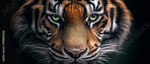  A tight shot of a tiger's green eye against a dark backdrop, with just that eye in frame photo