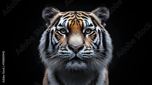 White Tiger on Black Background in Frontal Symmetrical View 