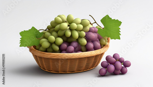 Fresh red grapes in a wicker basket on a white background. Still life image of a healthy and delicious fruit