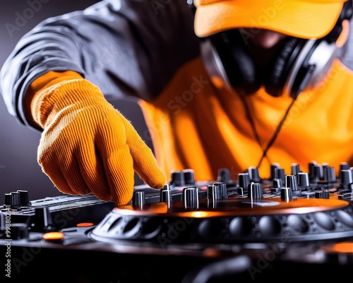 DJ adjusting sound levels on mixing console with vibrant orange gloves and hat against a sleek background. photo