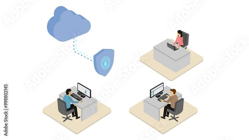 secure cloud storage concept, Three office workers are accessing cloud storage and bypassing the shield with keyhole icon. animation footage video isolated on alpha channel background.