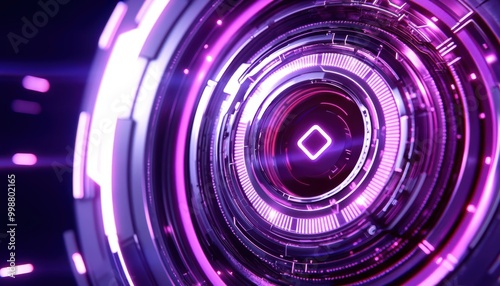 Futuristic abstract design with vibrant purple hues, showcasing intricate circular patterns and glowing elements.