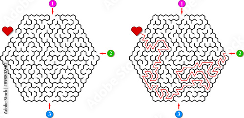 Advanced vector hexagonal labyrinth with three entrances and only one way to finish. Find the right way and reach the exit of the maze. Mental educational game with clue.