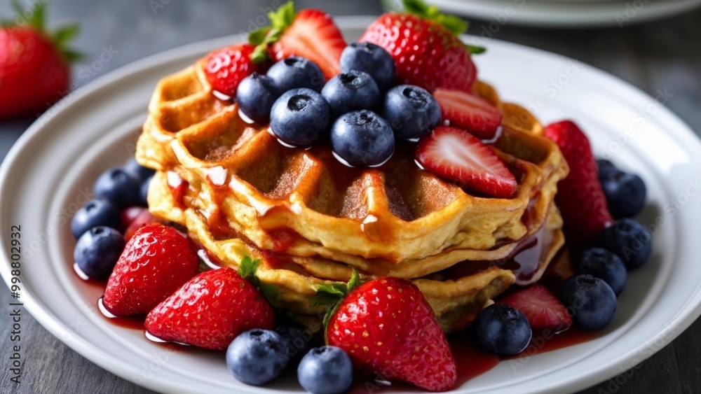 Deliciously stacked waffles with fresh berries and syrup Deliciously stacked waffles with fresh berries and syrup