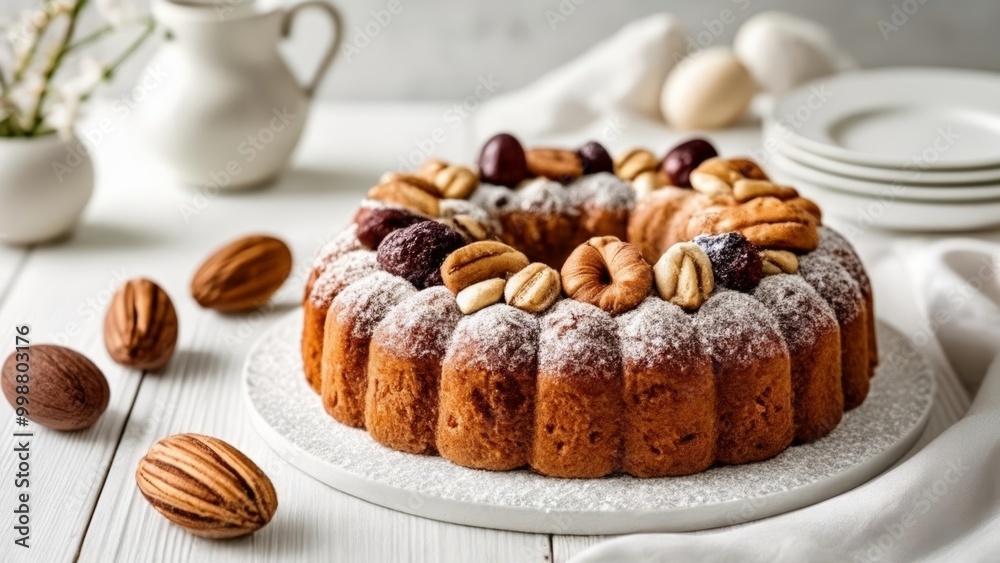 Deliciously baked cake with nuts ready to be served Deliciously baked cake with nuts ready to be served