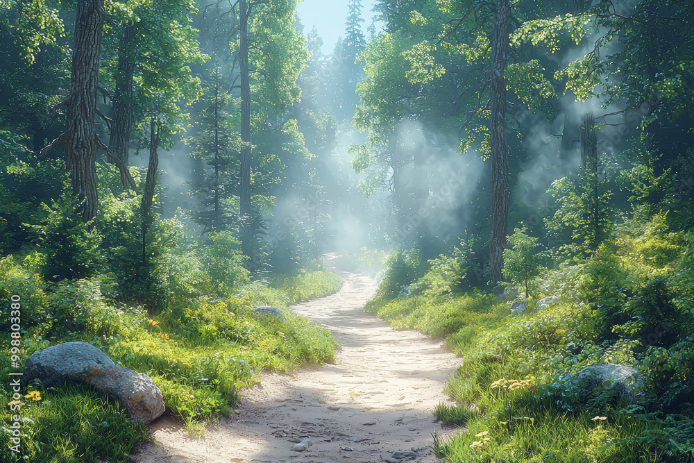 Obraz premium A path through a sunny forest on one side, and the other side covered in fog, symbolizing clarity versus confusion.