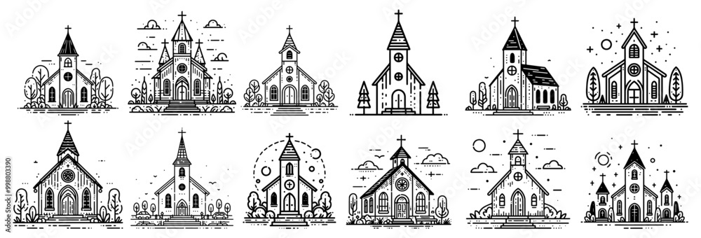 collection of hand-drawn church buildings in black and white vector ...