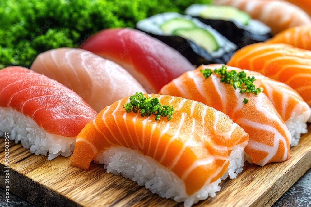 Sushi is artfully arranged on a wooden platter showcasing vibrant seafood selections Sushi is artfully arranged on a wooden platter showcasing vibrant seafood selections
