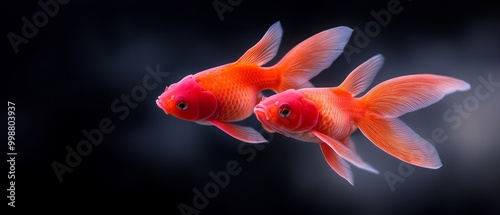  A couple of goldfish swimming next to each other against a black backdrop