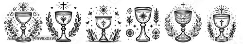 collection of religious chalices and eucharist symbols in elegant black and white vector line art