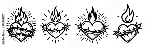 black and white vector illustrations of hearts with thorns and flames in artistic style