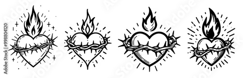detailed vector collection of hearts with crown of thorns and flame in black and white