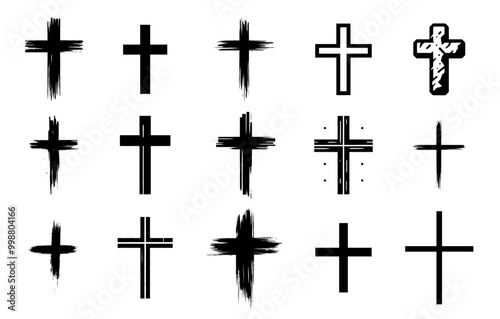 collection of hand-drawn christian crosses in black and white vector line art
