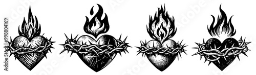 black and white vector set of hearts with thorn crowns and flames illustrations