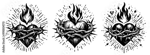black and white vector illustrations of hearts with thorns and flames