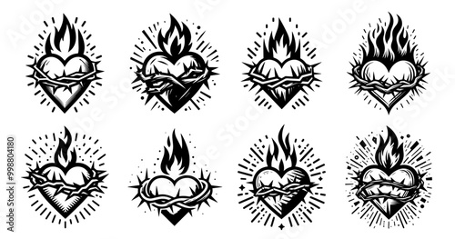 collection of sacred hearts with crown of thorns and flame in black and white vector