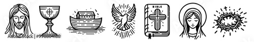 hand-drawn black and white vector collection of faith-based symbols