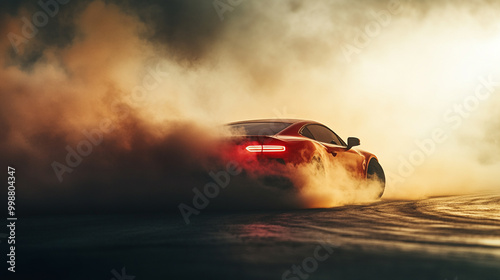 A sleek black sports car performs a drift on a race track, creating smoke and capturing the intensity of high-speed driving.
