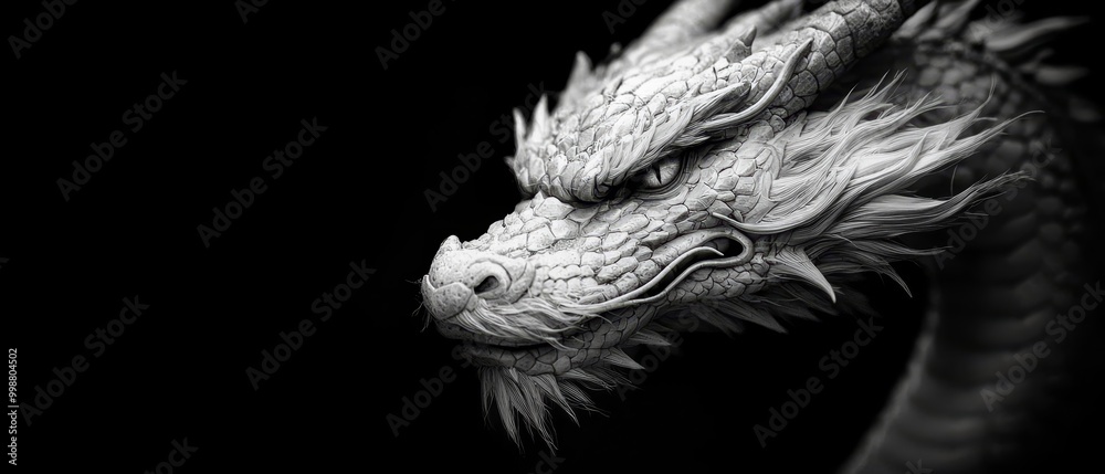 A monochrome image of a dragon's closed-eyed head, one eye semi-closed, against a pitch-black backdrop A monochrome image of a dragon's closed-eyed head, one eye semi-closed, against a pitch-black backdrop