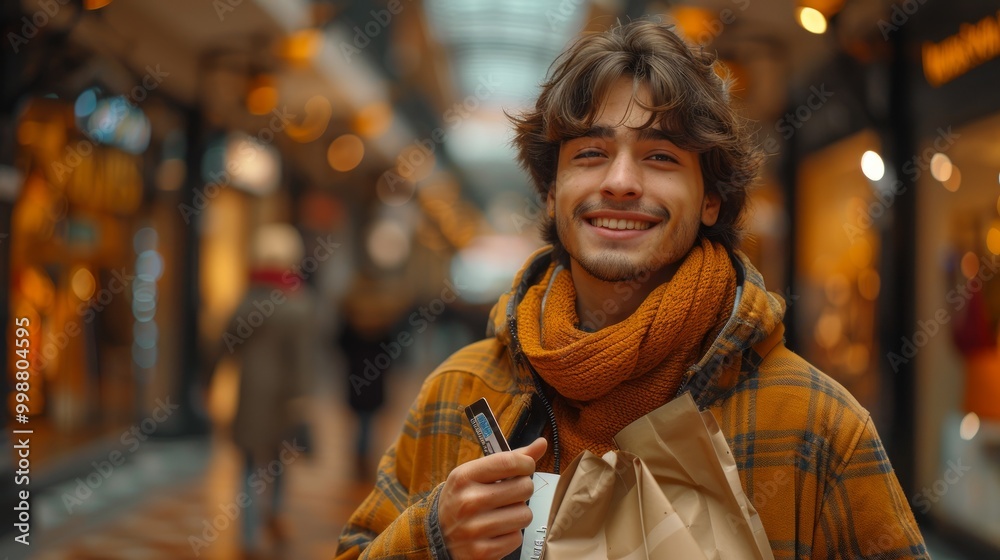 Very happy young man with credit card in hand He was at the mall and was holding a bag with his other hand. Very happy young man with credit card in hand He was at the mall and was holding a bag with his other hand.
