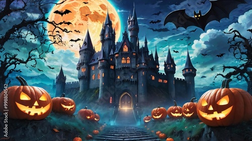 halloween night scene with bats, pumpkins, moon light with castle background