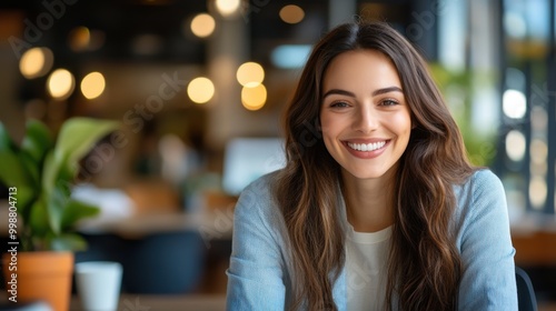 Confident Woman Smiling at Job Interview Setting