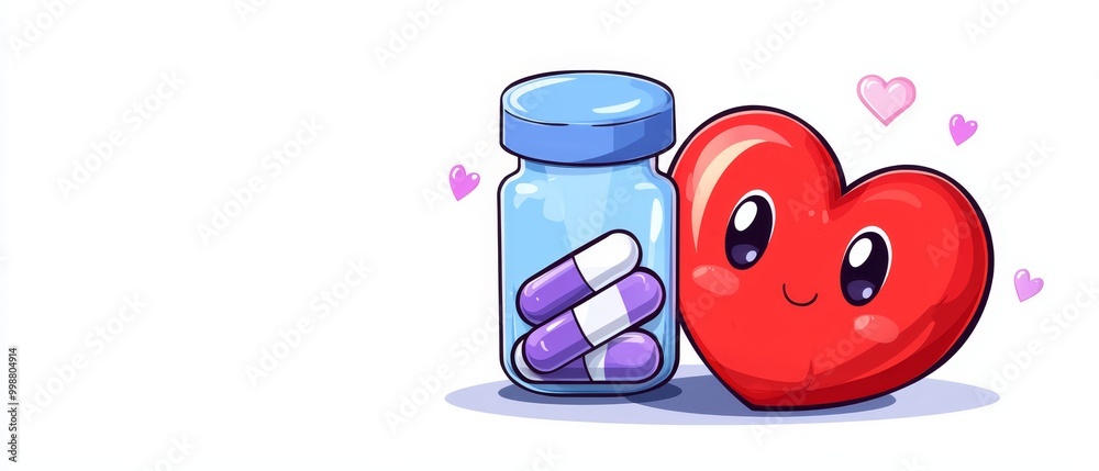 Heart icon adjacent to pill bottle containing heart-shaped pill, on white backdrop Heart icon adjacent to pill bottle containing heart-shaped pill, on white backdrop