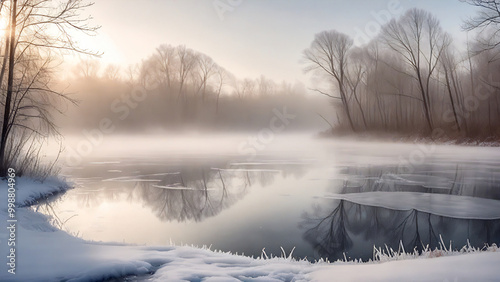 frozen lake and snow-covered forest, misty scene