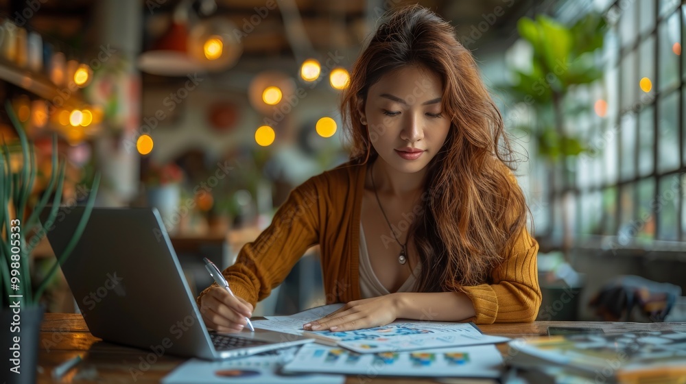 Fototapeta premium Beautiful professional business woman sitting at the table Smile while reading important documents with financial graphs and modular design. She wore a simple outfit.