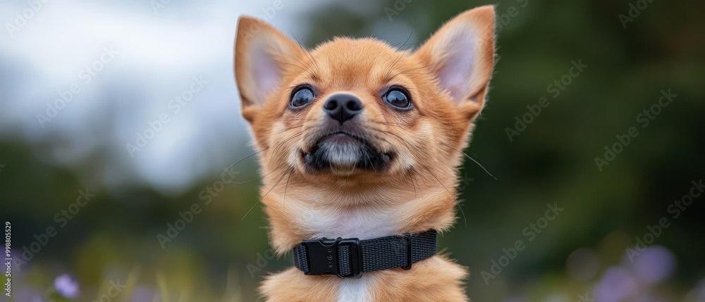 A small brown-and-white dog wearing a black collar gazes at the camera with an expression of surprise A small brown-and-white dog wearing a black collar gazes at the camera with an expression of surprise