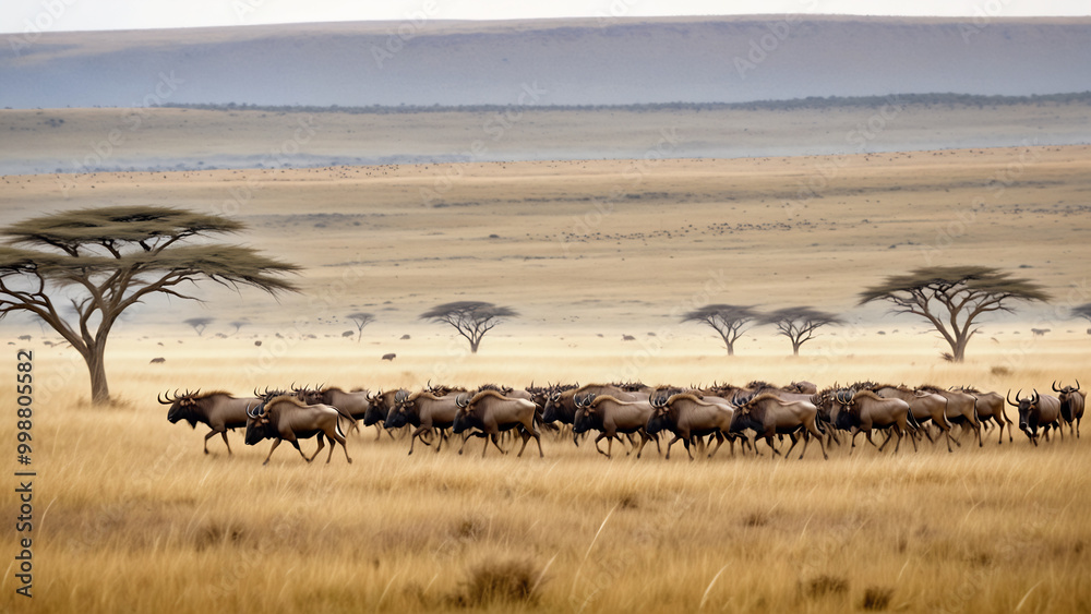 Fototapeta premium A herd of wildebeest in motion, crossing the savannah