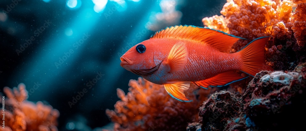 A tight shot of a fish over corals, illuminated head beneath a focused light, backdrop of tranquil water A tight shot of a fish over corals, illuminated head beneath a focused light, backdrop of tranquil water