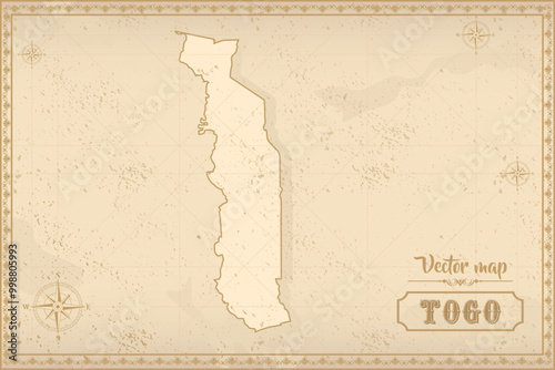 Map of Togo in the old style, brown graphics in retro fantasy style